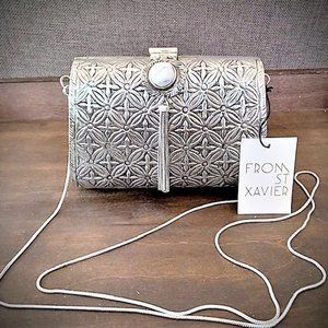 FROM ST XAVIER Fabulous Embossed Silver Metal Clutch/Crossbody Handbag